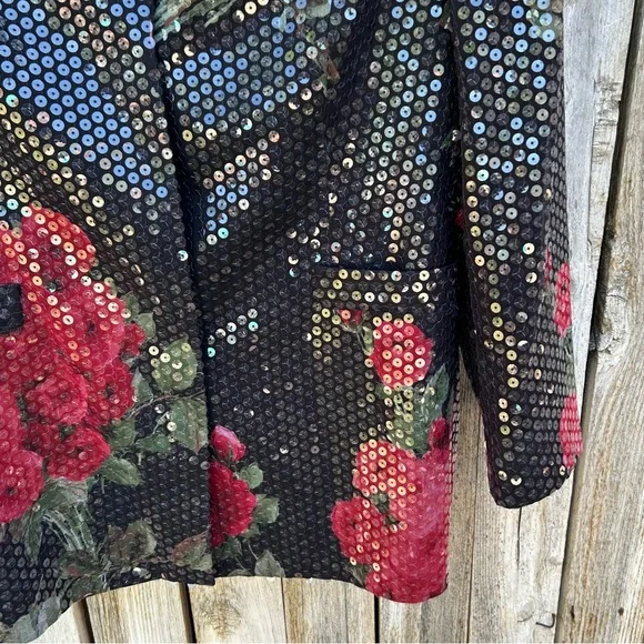 Escada Vintage Y2K Sequin Embellished Floral Blazer Jacket Black Red 38